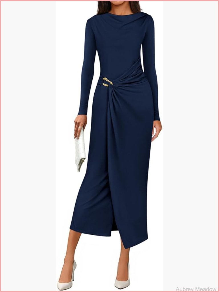 Elegant Long Sleeve Bodycon Ruched Midi Dress